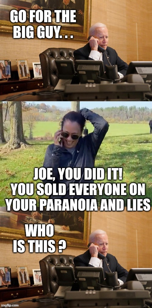 Biden with Harris Phone Call | GO FOR THE BIG GUY. . . JOE, YOU DID IT!
YOU SOLD EVERYONE ON YOUR PARANOIA AND LIES WHO IS THIS ? | image tagged in biden with harris phone call | made w/ Imgflip meme maker