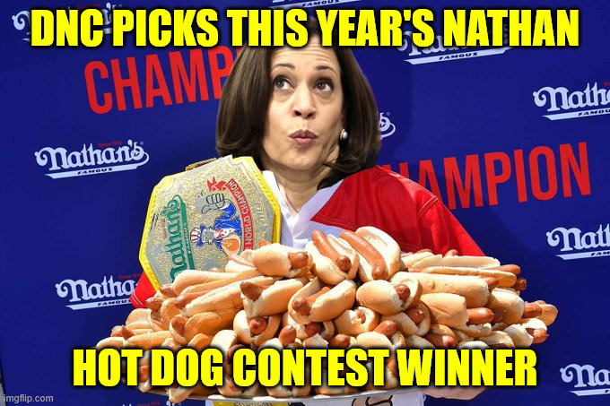 Such an important decision could not be left to ability | DNC PICKS THIS YEAR'S NATHAN; HOT DOG CONTEST WINNER | image tagged in dnc,chooses kamala,nathan hot dog contest winner | made w/ Imgflip meme maker