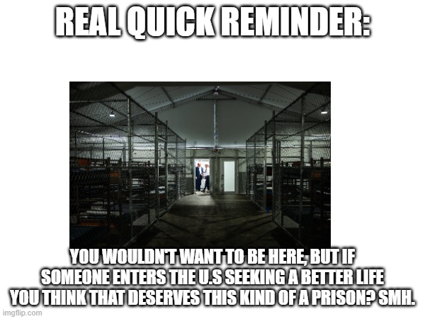 Literally, do you people have hearts? | REAL QUICK REMINDER:; YOU WOULDN'T WANT TO BE HERE, BUT IF SOMEONE ENTERS THE U.S SEEKING A BETTER LIFE YOU THINK THAT DESERVES THIS KIND OF A PRISON? SMH. | image tagged in alligator | made w/ Imgflip meme maker