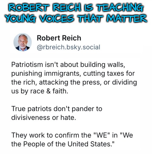 Your Young Voice Matters...Happy 4th | ROBERT REICH IS TEACHING YOUNG VOICES THAT MATTER | image tagged in young americans,free lessons on history and politics | made w/ Imgflip meme maker
