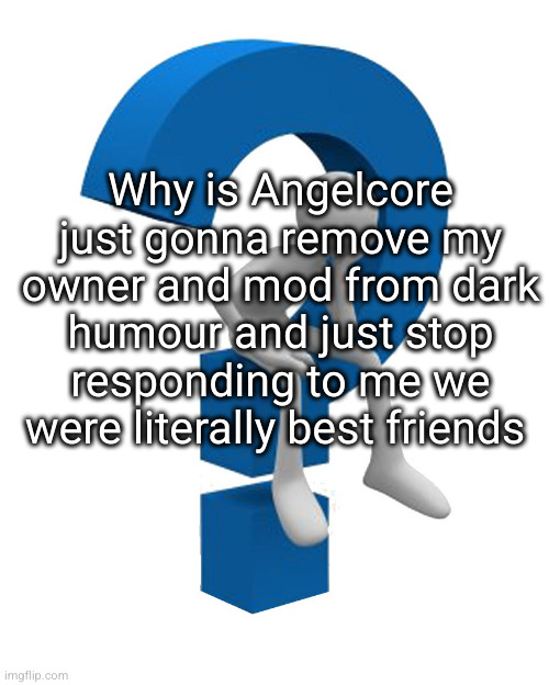 he was in support of removing sardine and arkumming memes overload | Why is Angelcore just gonna remove my owner and mod from dark humour and just stop responding to me we were literally best friends | image tagged in question mark | made w/ Imgflip meme maker