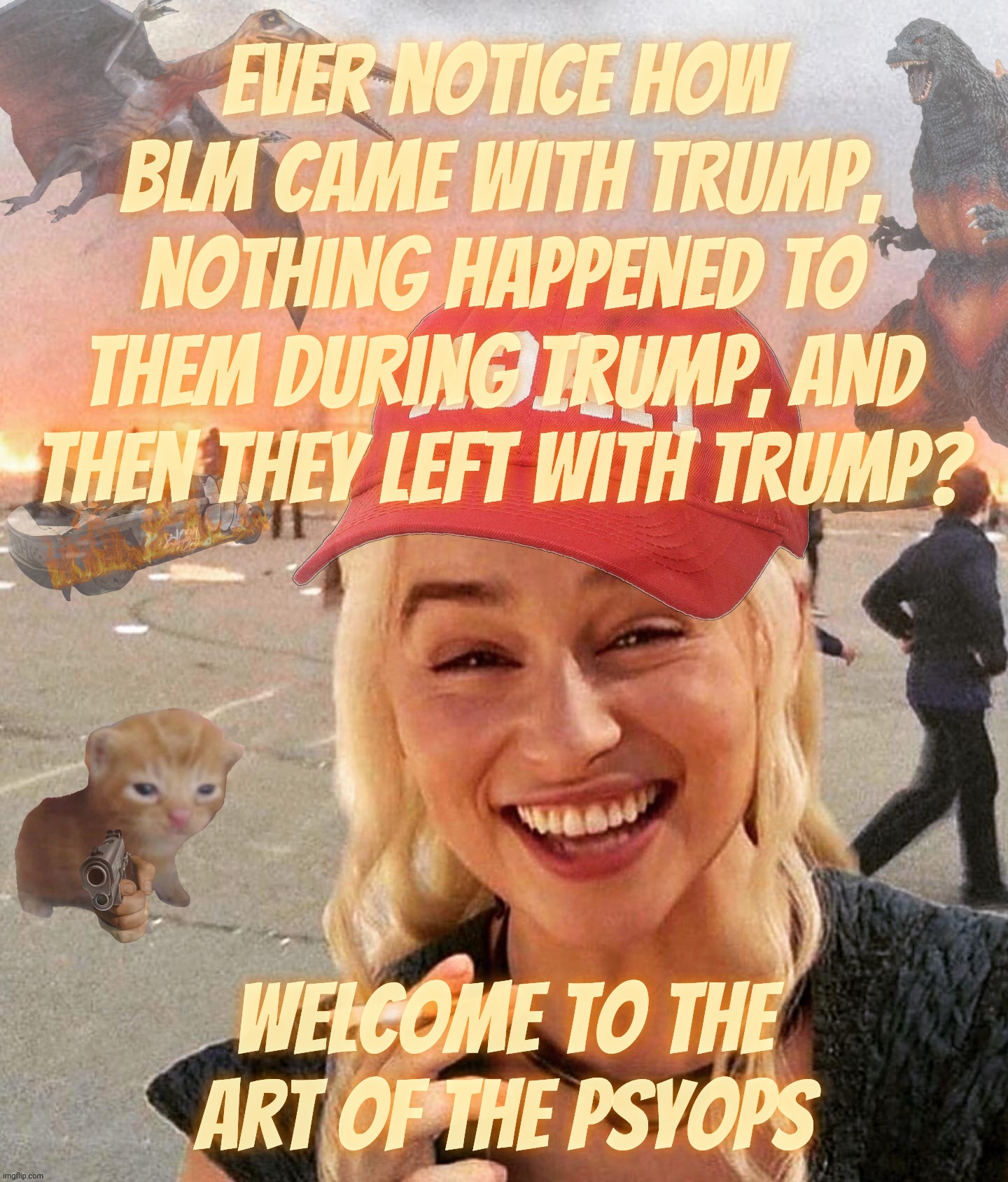 Why did BLM leave when Trump left? | Ever notice how BLM came with Trump, nothing happened to
them during trump, and
then they left with Trump? Welcome to the art of the psyops | image tagged in disaster smoker gal kitchen sink edition,blm,they came they saw they went away,curious timing,psyops,rile up the base | made w/ Imgflip meme maker