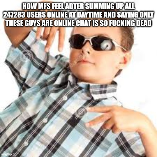 Cool kid sunglasses | HOW MFS FEEL ADTER SUMMING UP ALL 247283 USERS ONLINE AT DAYTIME AND SAYING ONLY THESE GUYS ARE ONLINE CHAT IS SO FUCKING DEAD | image tagged in cool kid sunglasses | made w/ Imgflip meme maker
