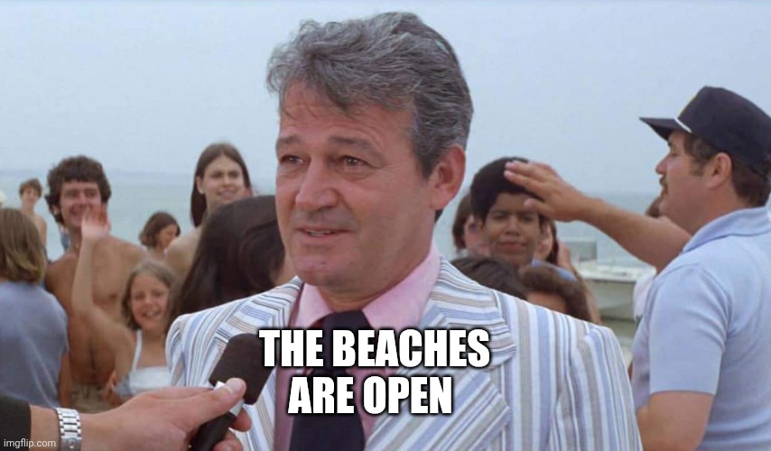 Jaws mayor beaches are open | THE BEACHES ARE OPEN | image tagged in jaws mayor beaches are open | made w/ Imgflip meme maker