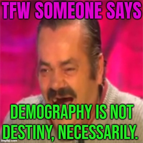 TFW Someone Says Demography Is Not Destiny | TFW SOMEONE SAYS; DEMOGRAPHY IS NOT
DESTINY, NECESSARILY. | image tagged in laughing mexican,overpopulation,anti-overpopulation,anti-overpopulating,immigration,illegal immigrants | made w/ Imgflip meme maker