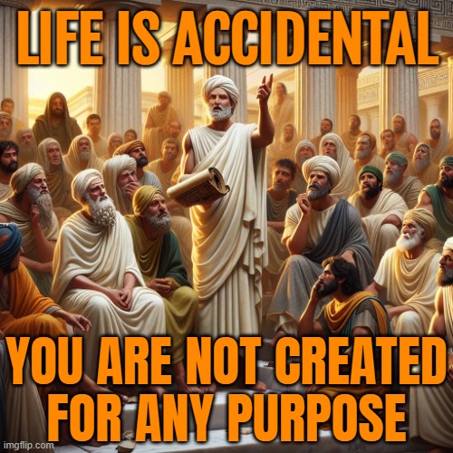 "Life is accidental: you are not created for any purpose" | LIFE IS ACCIDENTAL; YOU ARE NOT CREATED
FOR ANY PURPOSE | image tagged in greek philosoph,philosopher,philosophy,prophecy,anti-religion,life sucks | made w/ Imgflip meme maker