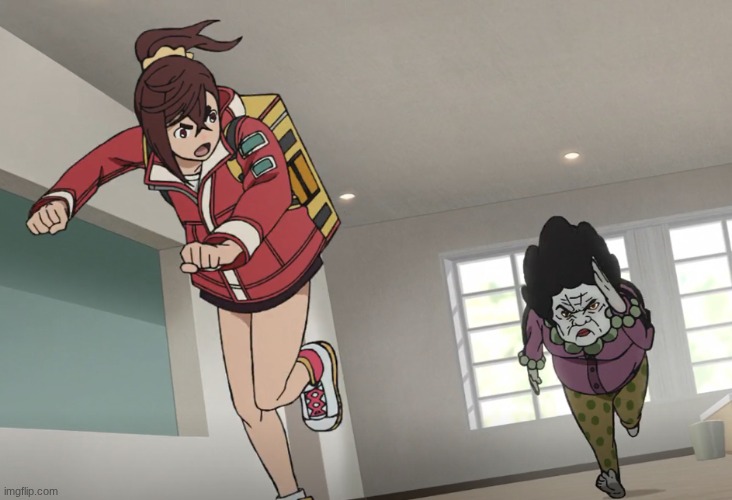Momo running from Grandma | image tagged in momo running from grandma | made w/ Imgflip meme maker