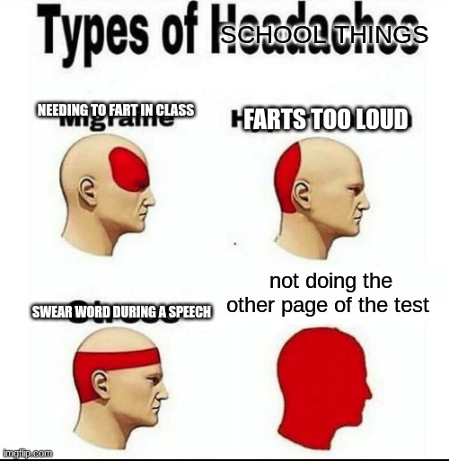 Types of school THANGS | SCHOOL THINGS; NEEDING TO FART IN CLASS; FARTS TOO LOUD; not doing the other page of the test; SWEAR WORD DURING A SPEECH | image tagged in types of headaches meme | made w/ Imgflip meme maker