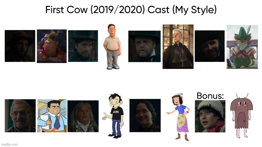 First Cow (2019/2020) Cast (My Style) | image tagged in first cow 2019/2020 cast my style,meme,memes,spoof cast,first cow,characters | made w/ Imgflip meme maker