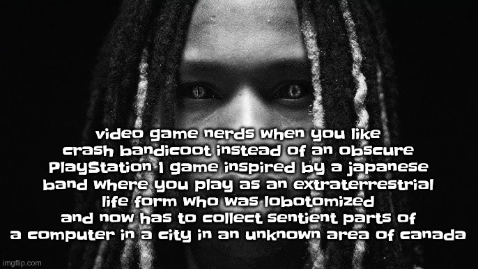 totally not a post making fun of myself | video game nerds when you like crash bandicoot instead of an obscure PlayStation 1 game inspired by a japanese band where you play as an extraterrestrial life form who was lobotomized and now has to collect sentient parts of a computer in a city in an unknown area of canada | made w/ Imgflip meme maker
