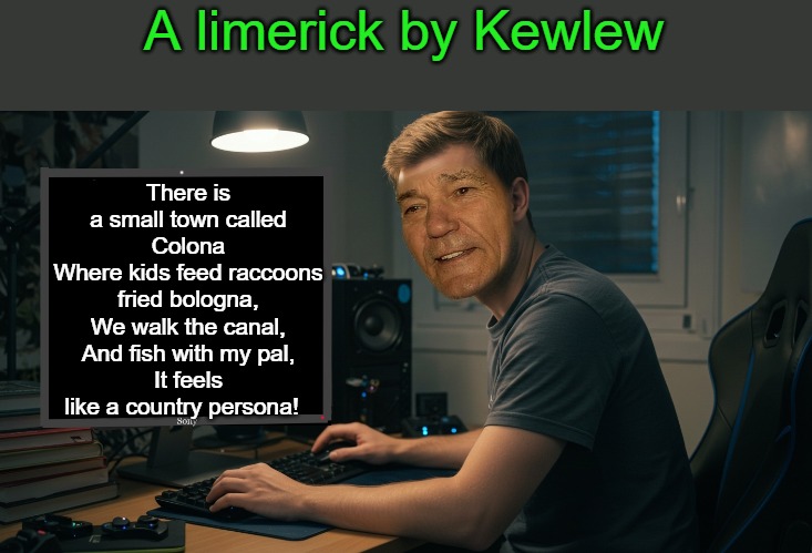 kewlew at work | A limerick by Kewlew; There is a small town called Colona
Where kids feed raccoons fried bologna,
We walk the canal,
And fish with my pal,
It feels like a country persona! | image tagged in kewlew at work | made w/ Imgflip meme maker