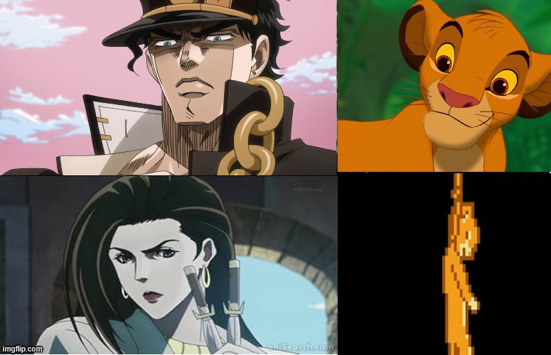 jojo's simba meme | image tagged in happy suicide simba,jojo's bizarre adventure,lion king,crossover,funny memes,bizarre | made w/ Imgflip meme maker