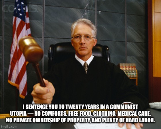 judge | I SENTENCE YOU TO TWENTY YEARS IN A COMMUNIST UTOPIA — NO COMFORTS, FREE FOOD, CLOTHING, MEDICAL CARE, NO PRIVATE OWNERSHIP OF PROPERTY, AND PLENTY OF HARD LABOR. | image tagged in judge | made w/ Imgflip meme maker