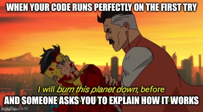 Valid reaction tbh | WHEN YOUR CODE RUNS PERFECTLY ON THE FIRST TRY; AND SOMEONE ASKS YOU TO EXPLAIN HOW IT WORKS | image tagged in i will burn this planet down | made w/ Imgflip meme maker