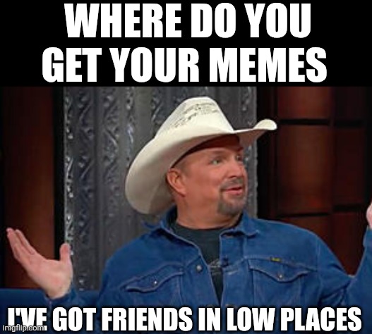Where Do You Get Your Memes I've Got Friends In Low Places | WHERE DO YOU GET YOUR MEMES; I'VE GOT FRIENDS IN LOW PLACES | image tagged in chrisjoines1 | made w/ Imgflip meme maker