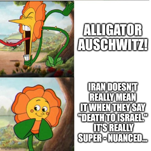 Cuphead Flower | ALLIGATOR AUSCHWITZ! IRAN DOESN'T REALLY MEAN IT WHEN THEY SAY "DEATH TO ISRAEL."  IT'S REALLY SUPER - NUANCED... | image tagged in cuphead flower | made w/ Imgflip meme maker