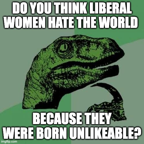 Always Angry and Seeking Attention | DO YOU THINK LIBERAL WOMEN HATE THE WORLD; BECAUSE THEY WERE BORN UNLIKEABLE? | image tagged in memes,philosoraptor | made w/ Imgflip meme maker