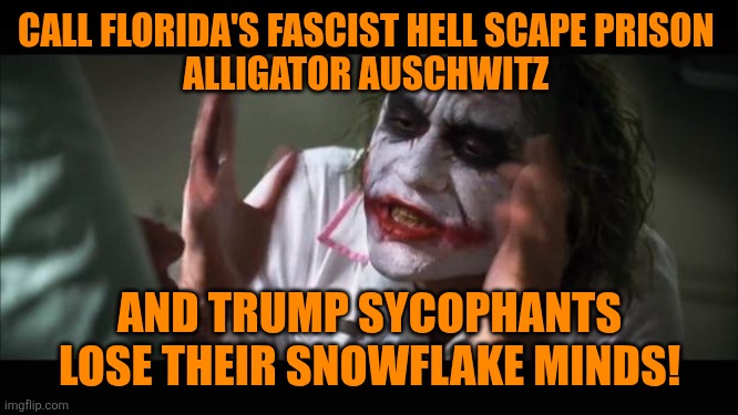 And everybody loses their minds Meme | CALL FLORIDA'S FASCIST HELL SCAPE PRISON 
ALLIGATOR AUSCHWITZ AND TRUMP SYCOPHANTS LOSE THEIR SNOWFLAKE MINDS! | image tagged in memes,and everybody loses their minds | made w/ Imgflip meme maker