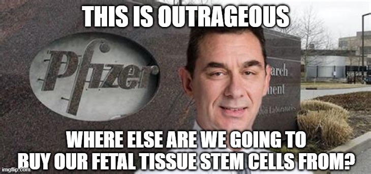 PFIZER CEO NEW WORLD ORDER | THIS IS OUTRAGEOUS WHERE ELSE ARE WE GOING TO BUY OUR FETAL TISSUE STEM CELLS FROM? | image tagged in pfizer ceo new world order | made w/ Imgflip meme maker