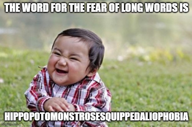Evil Toddler Meme | THE WORD FOR THE FEAR OF LONG WORDS IS HIPPOPOTOMONSTROSESQUIPPEDALIOPHOBIA | image tagged in memes,evil toddler | made w/ Imgflip meme maker