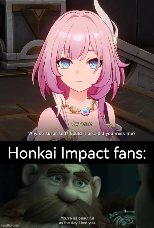 Absolutely yes, Elysia. | Honkai Impact fans: | image tagged in you're as beautiful as the day i lost you,honkai star rail,honkai impact | made w/ Imgflip meme maker