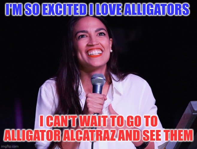 Aoc loves alligators | I'M SO EXCITED I LOVE ALLIGATORS; I CAN'T WAIT TO GO TO ALLIGATOR ALCATRAZ AND SEE THEM | image tagged in aoc crazy,funny memes | made w/ Imgflip meme maker