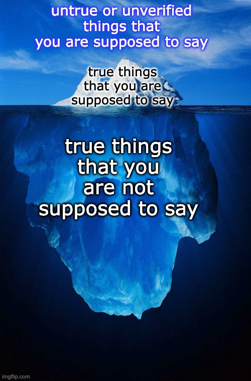 Mysteries of communicating in a neurotypical world | untrue or unverified things that you are supposed to say; true things that you are supposed to say; true things that you are not supposed to say | image tagged in iceberg,autism,communication,truth,lies | made w/ Imgflip meme maker