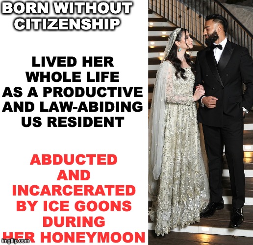Whether you see the unfairness is a test -- of your character | BORN WITHOUT CITIZENSHIP; ABDUCTED AND INCARCERATED BY ICE GOONS DURING HER HONEYMOON; LIVED HER WHOLE LIFE AS A PRODUCTIVE AND LAW-ABIDING US RESIDENT | image tagged in refugee,immigrant,citizenship,ice,idiocracy | made w/ Imgflip meme maker