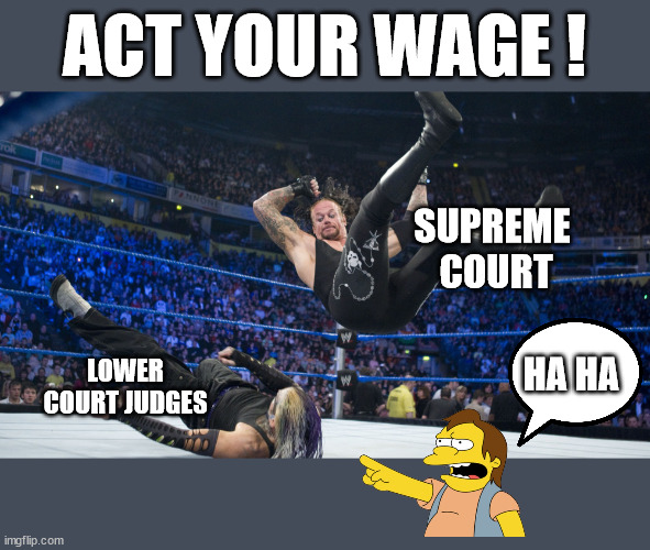 Appointed State Judges | ACT YOUR WAGE ! SUPREME 
COURT; HA HA; LOWER COURT JUDGES | image tagged in meme smackdown,act your wage,you have no power here,lower court,supreme court,obama | made w/ Imgflip meme maker