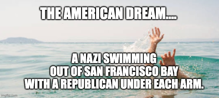 American Dream | THE AMERICAN DREAM.... A NAZI SWIMMING 
OUT OF SAN FRANCISCO BAY 
WITH A REPUBLICAN UNDER EACH ARM. | image tagged in sinking swimmers | made w/ Imgflip meme maker