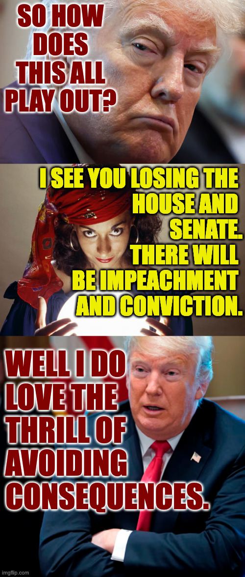 Stay optimistic. | SO HOW
DOES
THIS ALL
PLAY OUT? I SEE YOU LOSING THE 
HOUSE AND 
SENATE.
THERE WILL 
BE IMPEACHMENT 
AND CONVICTION. WELL I DO
LOVE THE
THRILL OF
AVOIDING
CONSEQUENCES. | image tagged in memes,endgame,consequences | made w/ Imgflip meme maker