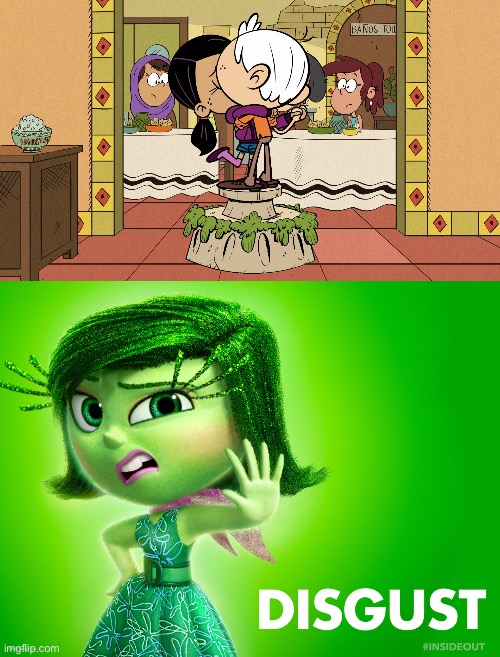 Disgust Is Disgusted At Ronniecoln Kissing | image tagged in disgust,disney,inside out,pixar,the loud house,nickelodeon | made w/ Imgflip meme maker