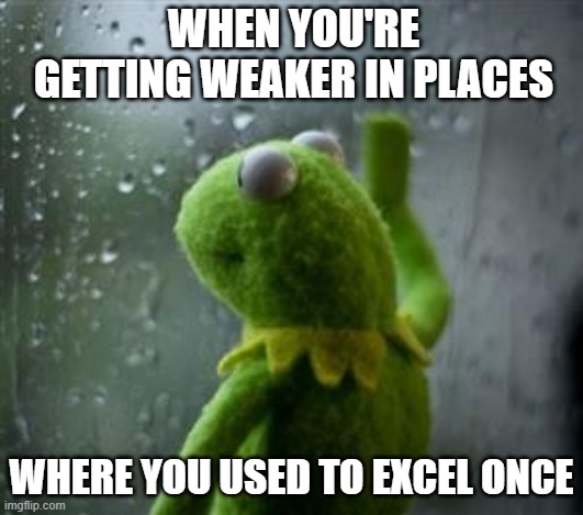 Retrospecting | WHEN YOU'RE GETTING WEAKER IN PLACES; WHERE YOU USED TO EXCEL ONCE | image tagged in sad kermit at window,sad,cry,sad but true | made w/ Imgflip meme maker