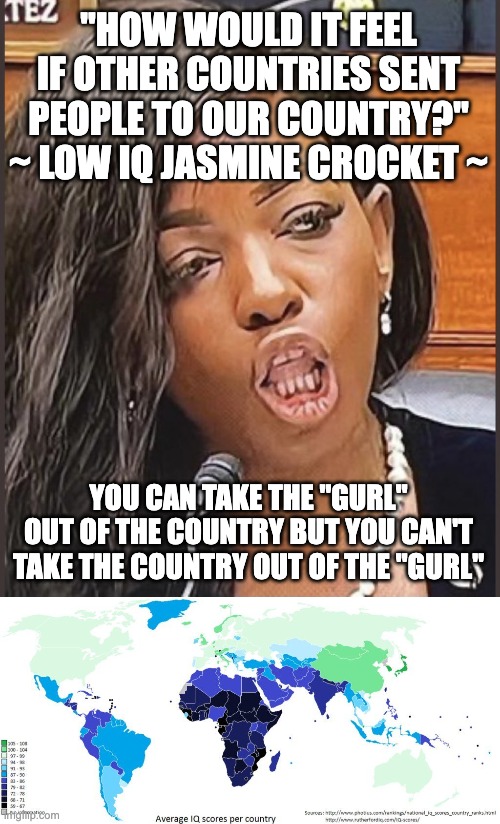 Being dead is like being stupid. You don't know it but everyone else is affected by it. | "HOW WOULD IT FEEL IF OTHER COUNTRIES SENT PEOPLE TO OUR COUNTRY?"
~ LOW IQ JASMINE CROCKET ~; YOU CAN TAKE THE "GURL" OUT OF THE COUNTRY BUT YOU CAN'T TAKE THE COUNTRY OUT OF THE "GURL" | image tagged in jasmine crockett,low iq,stupid democrats,iq is her shoe size | made w/ Imgflip meme maker