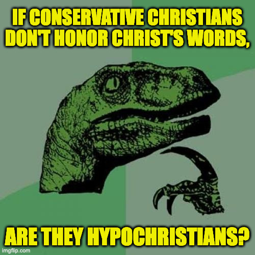 Philosoraptor Meme | IF CONSERVATIVE CHRISTIANS DON'T HONOR CHRIST'S WORDS, ARE THEY HYPOCHRISTIANS? | image tagged in memes,philosoraptor | made w/ Imgflip meme maker
