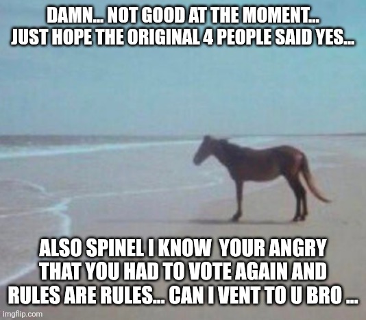 Man Horse Water | DAMN... NOT GOOD AT THE MOMENT... JUST HOPE THE ORIGINAL 4 PEOPLE SAID YES... ALSO SPINEL I KNOW  YOUR ANGRY THAT YOU HAD TO VOTE AGAIN AND  | image tagged in man horse water | made w/ Imgflip meme maker