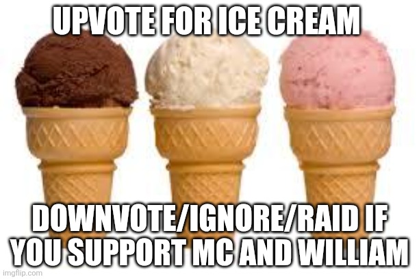 Ice Cream cone | UPVOTE FOR ICE CREAM; DOWNVOTE/IGNORE/RAID IF YOU SUPPORT MC AND WILLIAM | image tagged in ice cream cone | made w/ Imgflip meme maker