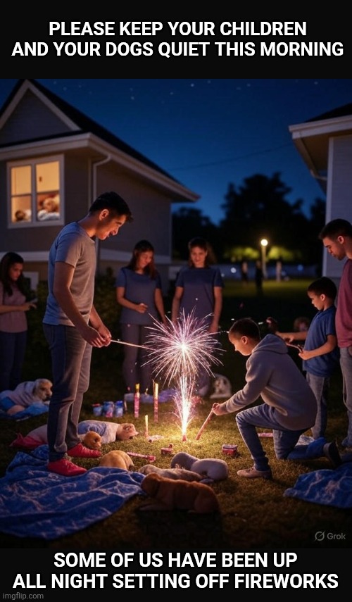 Thank you for your attention to this matter | PLEASE KEEP YOUR CHILDREN AND YOUR DOGS QUIET THIS MORNING; SOME OF US HAVE BEEN UP ALL NIGHT SETTING OFF FIREWORKS | image tagged in 4th of july,dogs,kids,morning | made w/ Imgflip meme maker