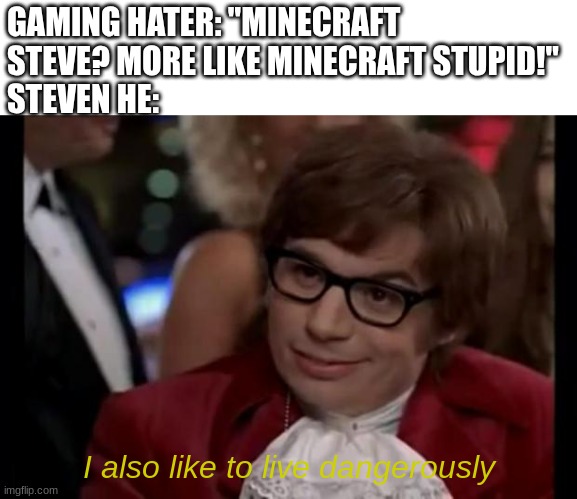 I also like to live dangerously | GAMING HATER: "MINECRAFT STEVE? MORE LIKE MINECRAFT STUPID!"
STEVEN HE:; I also like to live dangerously | image tagged in i also like to live dangerously | made w/ Imgflip meme maker