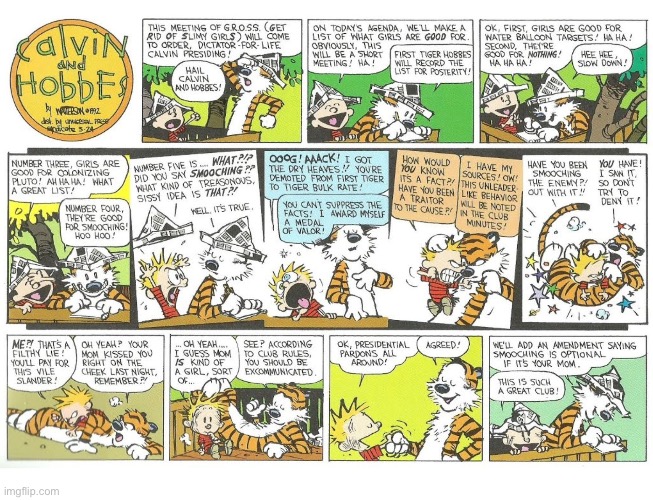 This meeting of G.R.O.S.S. Is called to (dis)order!… | image tagged in calvin and hobbes,comics,clubhouse,gross,smooching | made w/ Imgflip meme maker