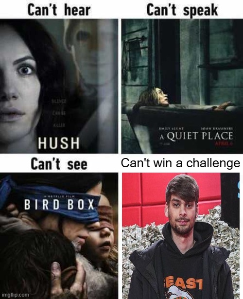 Chandler has lost lots of challenges, so I'm keeping the trend going | Can't win a challenge | image tagged in can't hear can't speak can't see | made w/ Imgflip meme maker