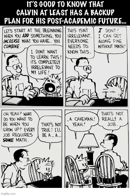 All of that useless math stuff… | IT’S GOOD TO KNOW THAT CALVIN AT LEAST HAS A BACKUP PLAN FOR HIS POST-ACADEMIC FUTURE… | image tagged in calvin and hobbes,comics,future plans,no math | made w/ Imgflip meme maker