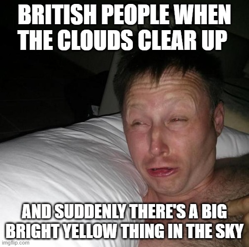 Oi | BRITISH PEOPLE WHEN THE CLOUDS CLEAR UP; AND SUDDENLY THERE'S A BIG BRIGHT YELLOW THING IN THE SKY | image tagged in limmy waking up,memes,british | made w/ Imgflip meme maker
