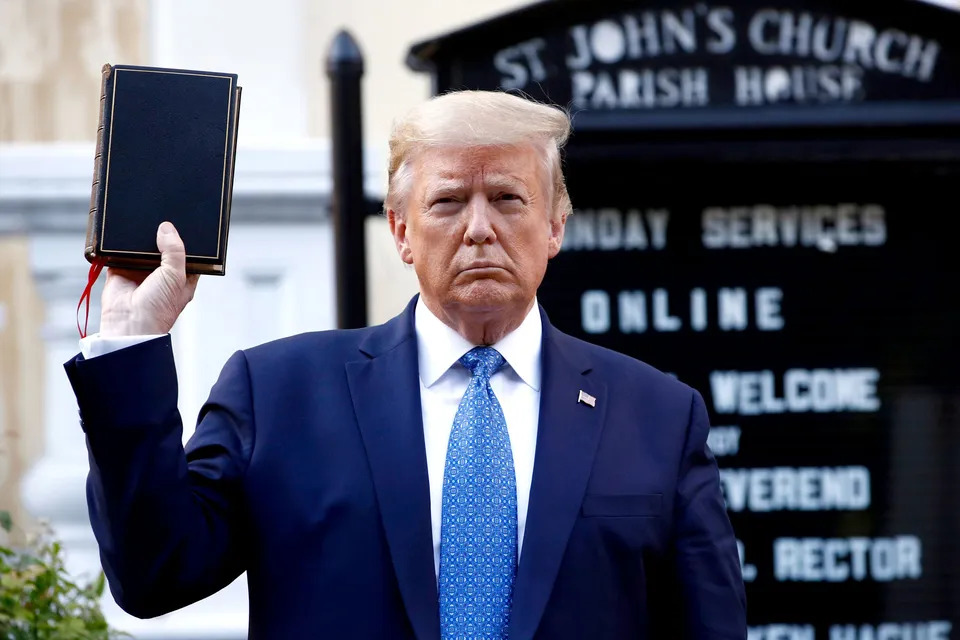 Trump holding Bible at church Blank Meme Template
