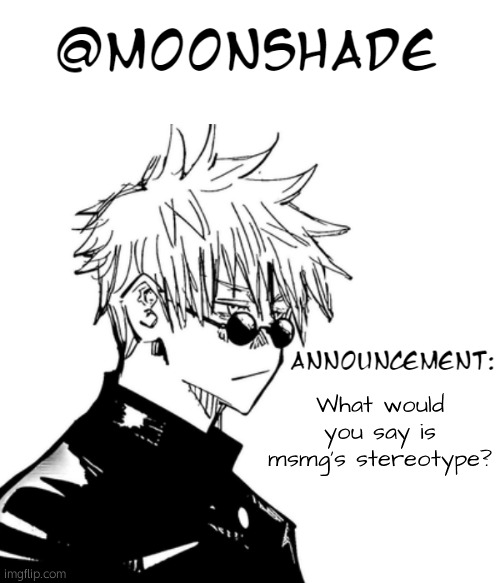 Moonshade 2nd Announcement Template | What would you say is msmg's stereotype? | image tagged in moonshade 2nd announcement template | made w/ Imgflip meme maker