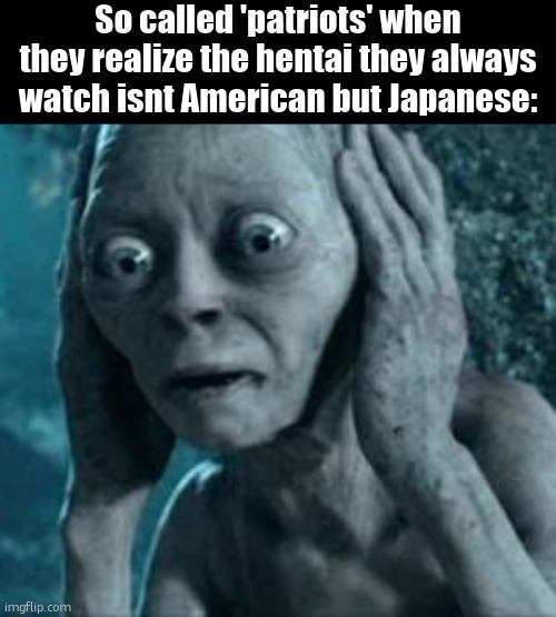Scared Gollum | So called 'patriots' when they realize the hentai they always watch isnt American but Japanese: | image tagged in scared gollum | made w/ Imgflip meme maker