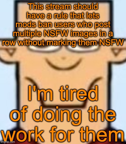 It shouldn't be too long of a ban though, just 2 hours | This stream should have a rule that lets mods ban users who post multiple NSFW images in a row without marking them NSFW; I'm tired of doing the work for them | image tagged in sped tyler | made w/ Imgflip meme maker