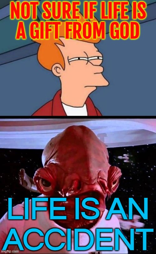 Not Sure If Life Is A Gift | NOT SURE IF LIFE IS
A GIFT FROM GOD; LIFE IS AN
ACCIDENT | image tagged in not sure if its a trap,anti-religion,god religion universe,evolution,life,charles darwin | made w/ Imgflip meme maker