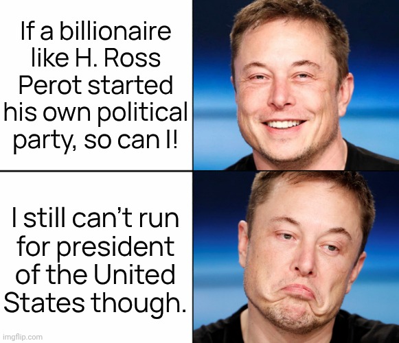 The America Party | If a billionaire like H. Ross
Perot started his own political party, so can I! I still can't run
for president
of the United
States though. | image tagged in elon musk happy sad,oligarchy,tds,trump derangement syndrome,republicans,division | made w/ Imgflip meme maker