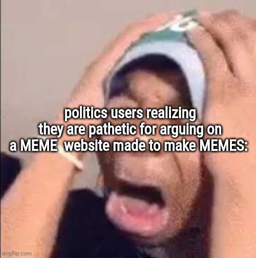Flightreacts crying | politics users realizing they are pathetic for arguing on a MEME  website made to make MEMES: | image tagged in flightreacts crying | made w/ Imgflip meme maker